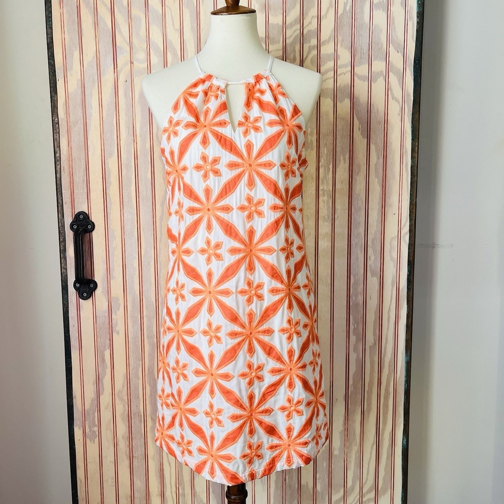 Skies Are Blue Brandy Embroidered Halter Resort Mini Dress Orange & White Size S
